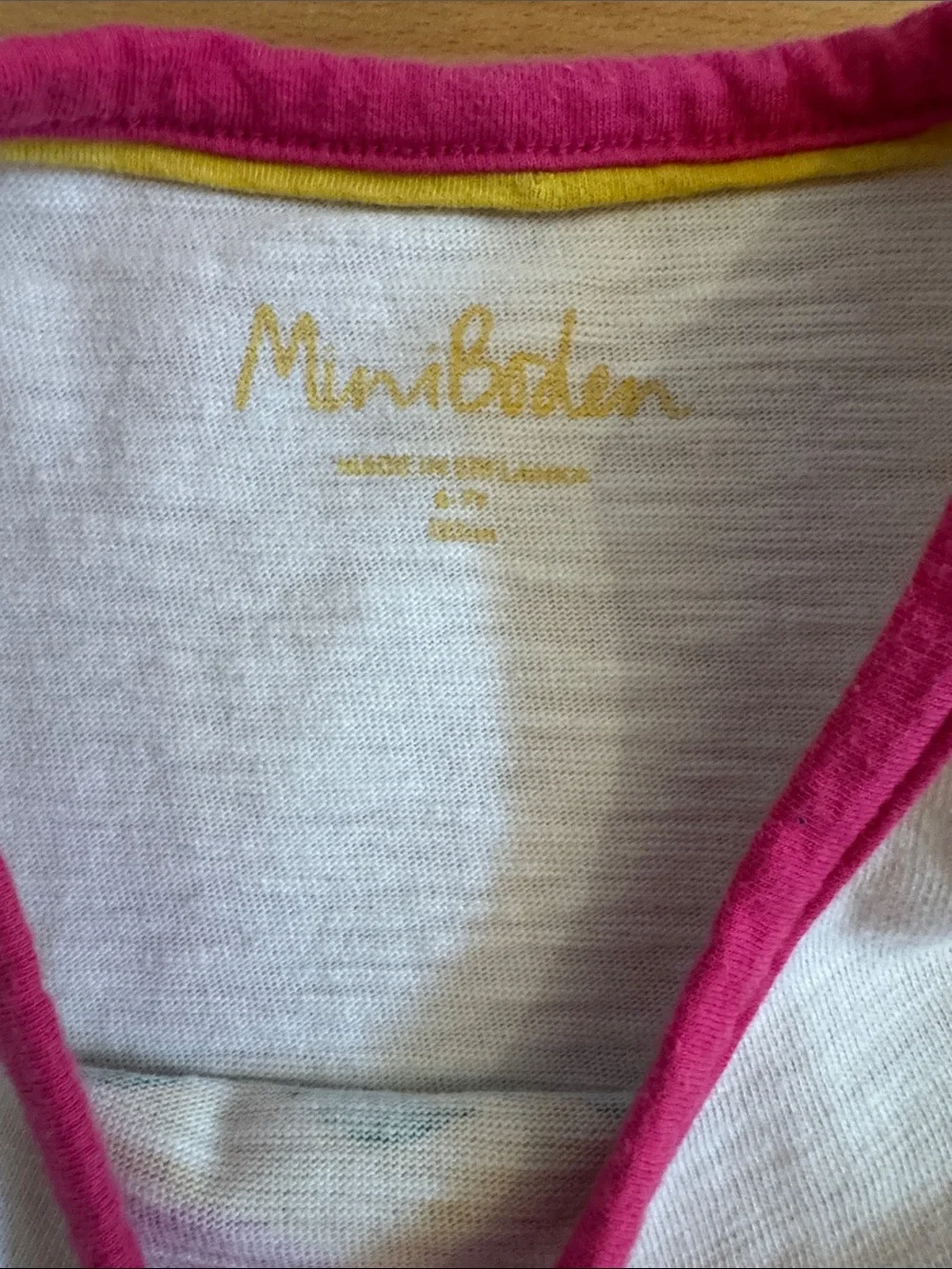 Mini Boden Navy Stripe White Dress with Pink Pockets and Rainbow Waves 6-7Y